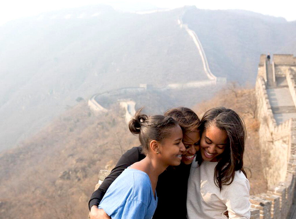 Sasha, Malia, and Michelle at the Great Wall of China