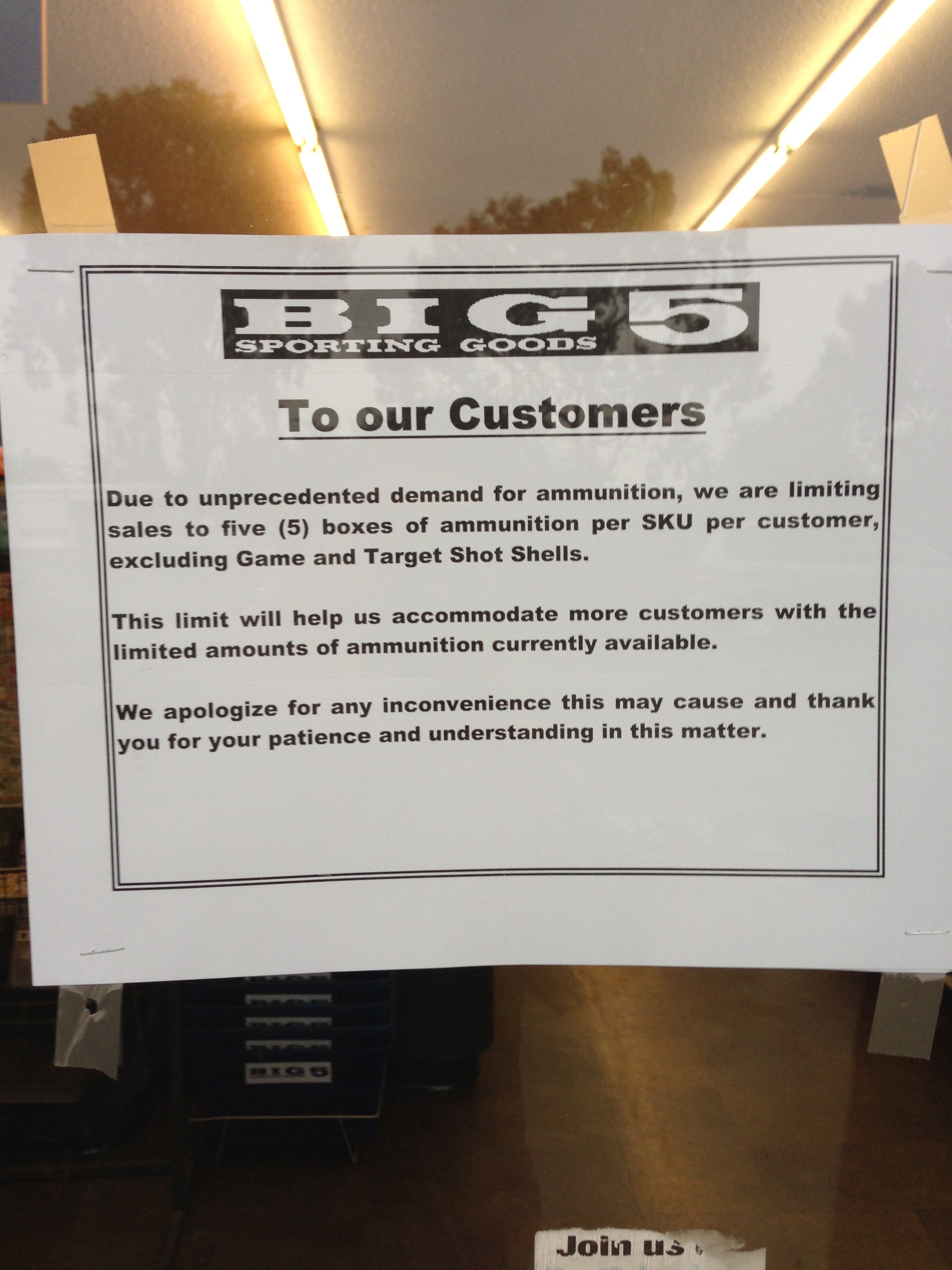 Sign re ammunition in window at Big 5 Sporting Goods