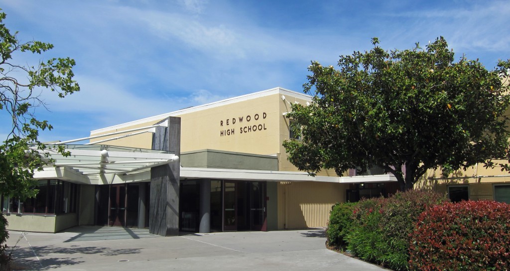 Main entrance to Redwood High School Larkspur