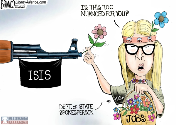 Marie Harf putting flowers in ISIS gun barrel