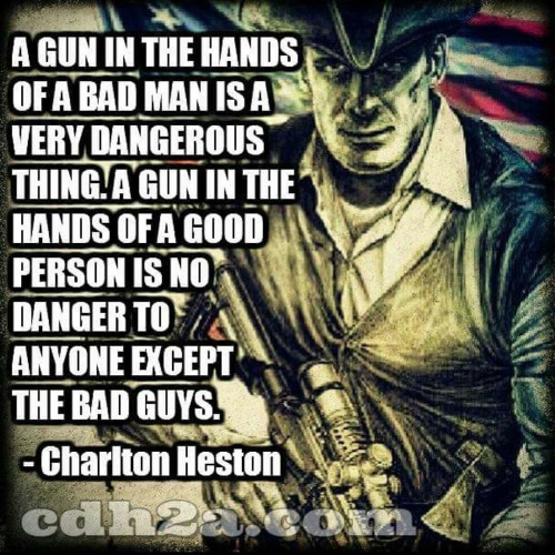 Charlton Heston on guns with bad guys and good guys
