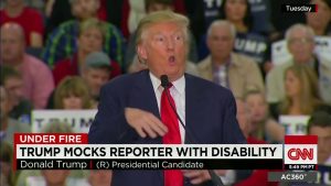 Another false narrative, because the actual footage shows that Trump was not mocking a reporter (see link at bottom of this post)