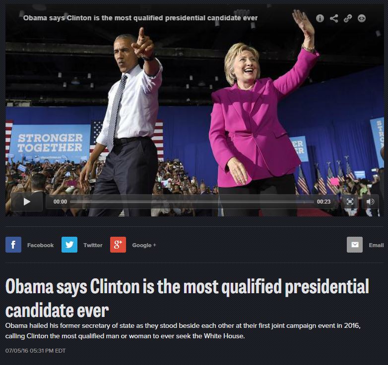 Obama says Hillary most qualified presidential candidate ever