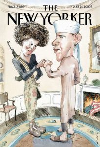 [This illustration provided by The New Yorker magazine, the cover of the July 21, 2008 issue by artist Barry Blitt, shows Democratic presidential candidate Barack Obama dressed as a Muslim and his wife as a terrorist. The magazine says the cover is meant to satirize the use of scare tactics and misinformation in the presidential election to derail Obamas campaign, but Obama's campaign called it "tasteless and offensive." (AP Photo/New Yorker)] *** []