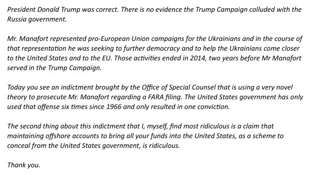 Manafort statement through attorney re Trump