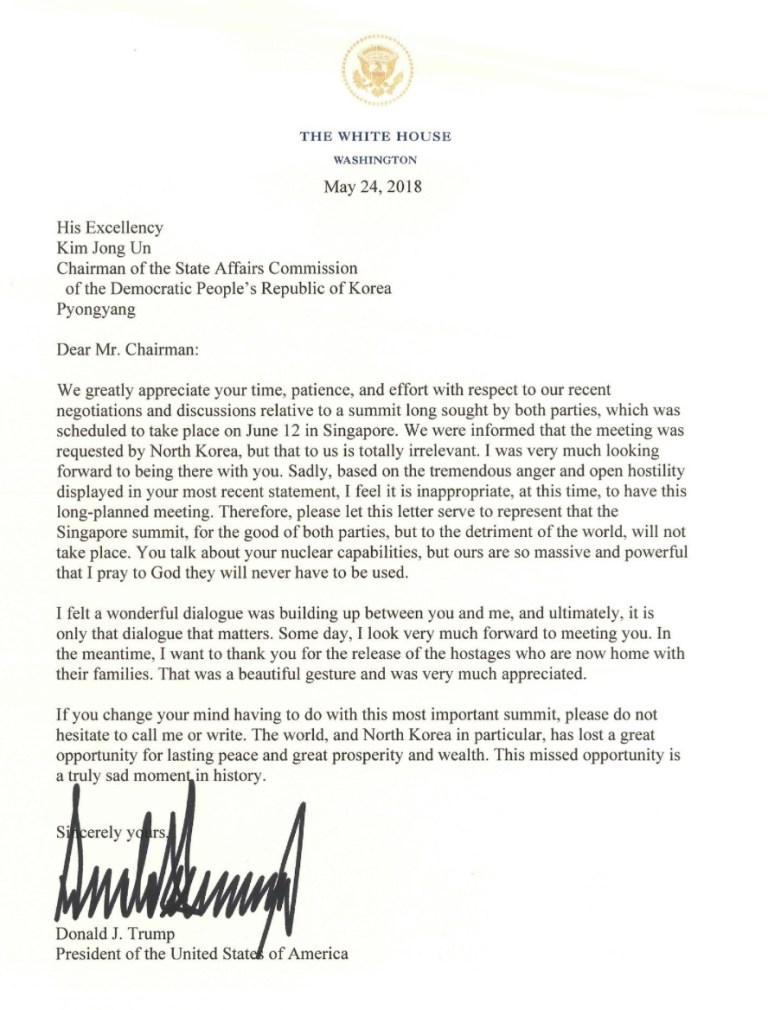 Trump letter to Kim Jong Un